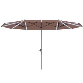 15ft Double-Sided Outdoor Umbrella with Solar Lights, UPF50+ Extra Large Aluminum Patio Umbrella with Crank, Tan