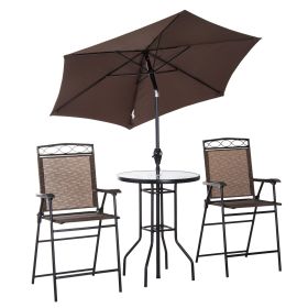 Patio Bar Set for 2 with 6 Adjustable Tilt Umbrella Brown Outdoor Bistro Set Folding Chairs