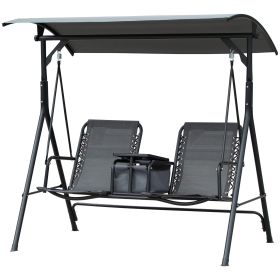 2-Seat Outdoor Porch Swing, with Pivot Storage Table, Adjustable Tilt Canopy, Anti-Slip Foot Pad, Breathable Mesh Seat, Grey