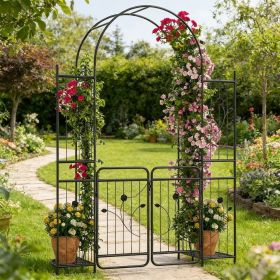 87 Inch Tall Garden Arch with Gate Planter Shelves Climbing Trellises with 2 Side Shelves for Wedding Arch, Yard Entrance, Garden Climbing Pergol