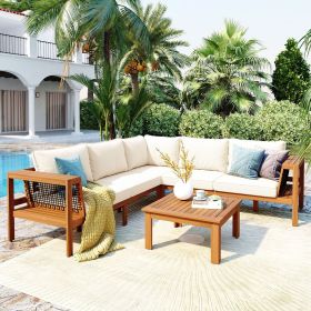 GO 4 Pieces Outdoor Acacia Wood Sofa Set, Woven Mesh Armrests, L-Shaped Patio Furniture Sofa Set with Coffee Table