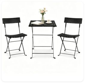 3 Piece Folding PE Rattan Bistro Set, Black Wicker Patio Dining Set with 1 Coffee Table & 2 Ergonomic Chairs