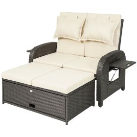 Patio Rattan Daybed, Wicker Outdoor Daybed with Storage Ottoman, Loveseat with Adjustable Backrest, Side Tables, Beige