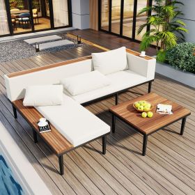 Luxury Patio Furniture Set with Removable Cushions and Coffee Table, L-Shaped Acacia Wood Sofa with Side table
