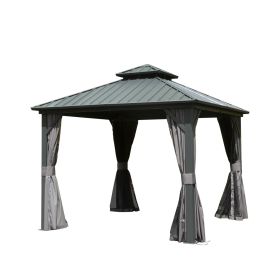 10' X 10' Hardtop Gazebo, Aluminum Metal Gazebo with Galvanized Steel Double Roof Canopy, Curtain and Netting, Permanent Gazebo Pavilion for Pati