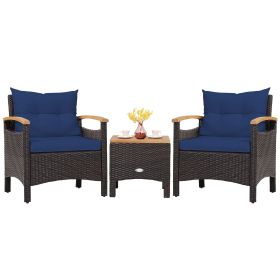 3 Pieces Patio Rattan Furniture Set with Removable Cushions (Color: navy)