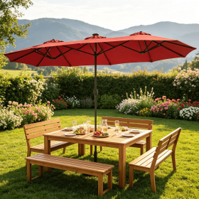 13 foot double-sided terrace umbrella with 108 LED lights and base, including outdoor sunshade and waterproof market umbrella (Color: Wine)