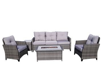 Direct Wicker Gray Wicker Sofa Set Outdoor Furniture Conversation Set with Firepit Table (Color: deep gray)